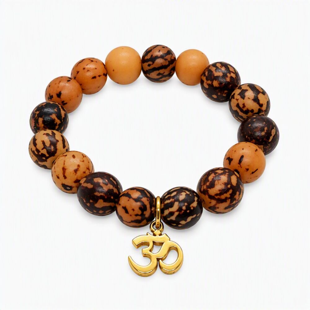Henna Shoppe Wooden Earth Tone Round Beaded OM Hamsa Charm Stretch Bracelet